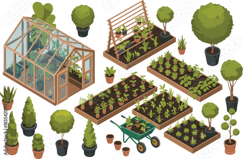 Isometric illustration of greenhouse, potted plants and raised garden beds, detailed gardening scene for farming, landscaping, horticulture, eco living and nature projects