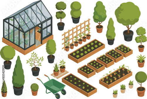 Isometric illustration of greenhouse, potted plants and raised garden beds, detailed gardening scene for farming, landscaping, horticulture, eco living and nature projects