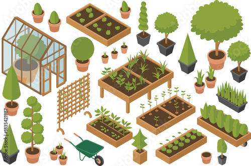 Isometric illustration of greenhouse, potted plants and raised garden beds, detailed gardening scene for farming, landscaping, horticulture, eco living and nature projects