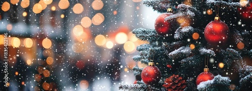 Christmas tree with red ornaments and snowfall in a glowing festive city background, ideal for holiday banners, winter marketing designs, greeting cards, and seasonal promotions
