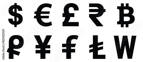 Set of currency symbols, including dollar, euro, pound, yen, won, rupee, franc, bitcoin, lira, and ruble icons, vector illustration isolated on transparent background