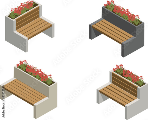 Isometric illustration set of modern outdoor benches with integrated flower planters, urban furniture design for parks, plazas, landscaping and architectural projects