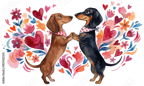 Dachshund couple in love. Dachshund watercolor illustration. Animals holding paws. Valentine's Day pets love art with hearts and floral background. Tan and black wiener dogs in romantic scene