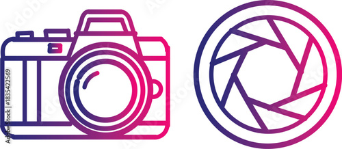 Vector art of gradient line art icon set of a camera and a camera aperture diaphragm isolated on white