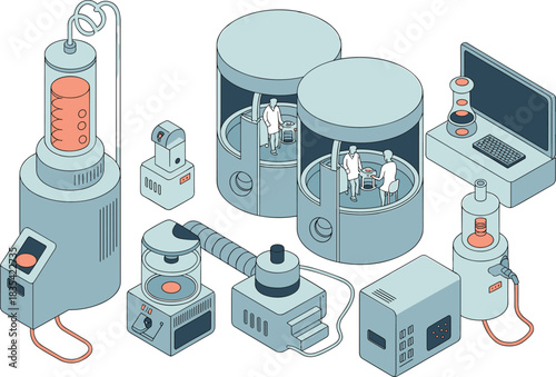 Isometric medical laboratory equipment illustration with scientists working in futuristic research chambers, advanced biotech machines, medical technology and scientific devices