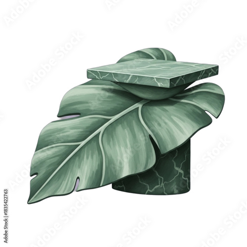 Abstract Green Marble Pedestal with Monstera Leaves.