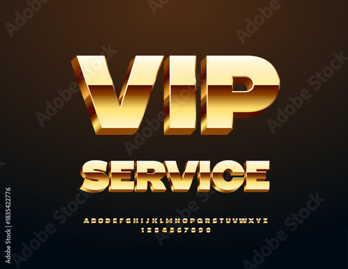 Vector Luxury sign VIP Service. 3D Gold Font. Premium set of Alphabet Letters and Numbers