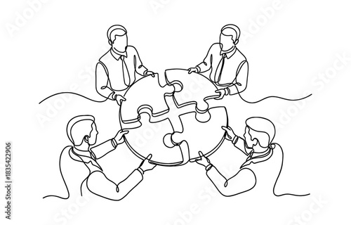 Single continuous line drawing of two young businessmen push puzzle pieces to unite it. Modern unity teamwork concept single line draw design vector illustration