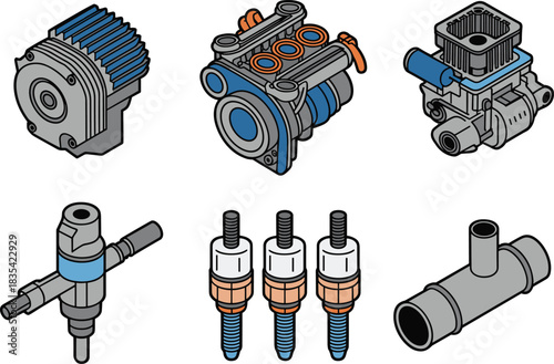 Isometric technical illustration of automotive and mechanical engine parts including valves, spark plugs, pumps and connectors in detailed engineering style