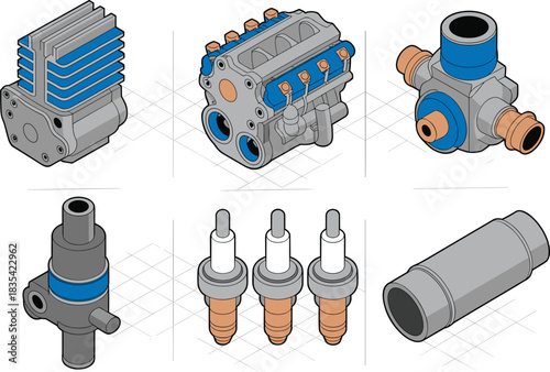 Isometric technical illustration of automotive and mechanical engine parts including valves, spark plugs, pumps and connectors in detailed engineering style