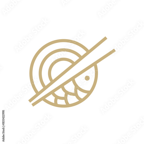 Icon Style Illustration Logo of Asian Street Fast Food Bar or Shop, Sushi, Maki, Onigiri Salmon Roll with Chopsticks