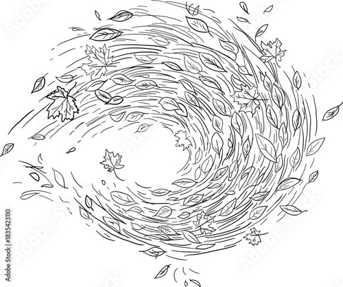 Vector art of black and white line drawing of autumn leaves swirling in a circular wind vortex
