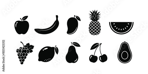 Black and white fruit silhouettes a healthy eating collection