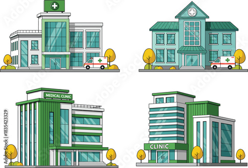 Modern Hospital and Medical Clinic Buildings Vector Set showcasing various healthcare facilities including emergency rooms and detailed diagnostic centers with ambulances