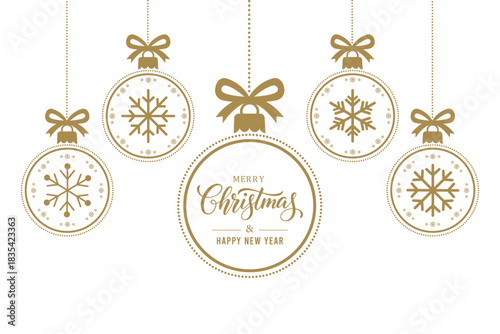 Elegant GOLD Christmas baubles with snowflake designs and bows hanging on white background, festive greeting text in center circle, minimalist holiday card for Merry Christmas and Happy New Year.