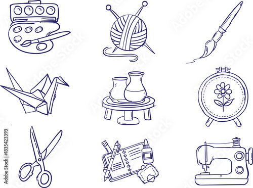 Vector art of collection of nine handdrawn craft and hobby icons