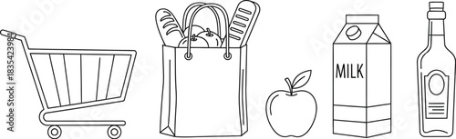 Shopping cart grocery bag bread apples milk carton bottle outline food store