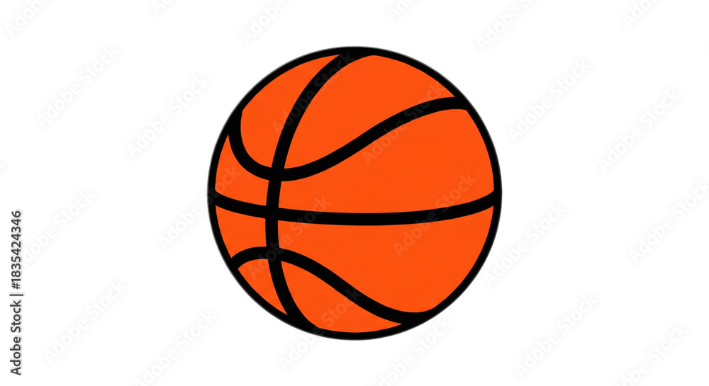 Fototapeta premium Simple bright orange basketball with black lines, isolated on a clean white background, a graphic cartoon illustration representing sports and play.