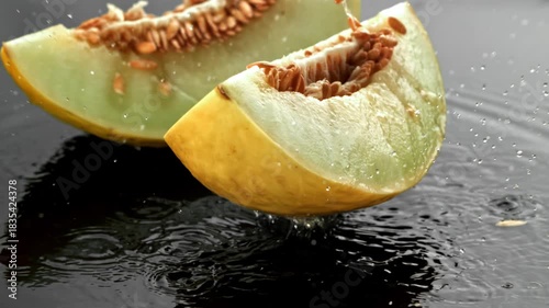 Pieces of melon fall on a wet surface. Filmed on a high-speed camera at 1000 fps. High quality FullHD footage