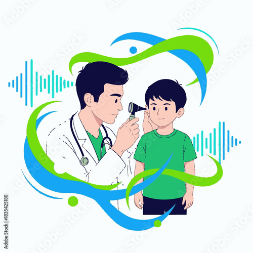 A caring doctor is examining a young patient's ear with an otoscope in a medical setting, surrounded by stylized sound waves and abstract shapes.