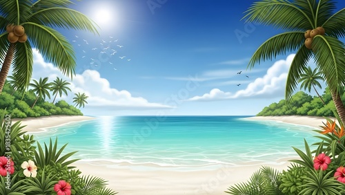 Idyllic Tropical Paradise Beach with Palm Trees and Turquoise Ocean perfect for travel brochure, website banner, vacation advertisement, desktop background,