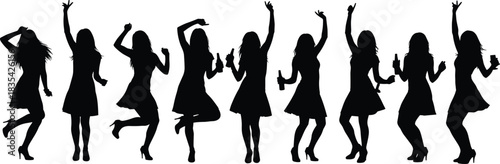 Energetic Silhouettes of Nine Happy Young Women Dancing and Celebrating at a Lively Party, Holding Drinks and Having Fun on a White Background Vector Illustration.