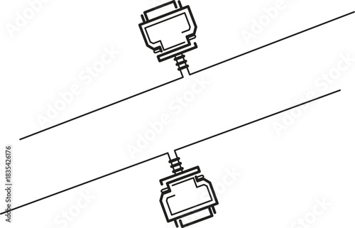 Simple line art drawing of two identical electrical or data connectors securely attached to a diagonal line, symbolizing connection and transfer