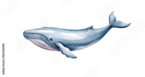 Watercolor blue whale isolated on a white background victor illustration. Marine whale in soft watercolor style.