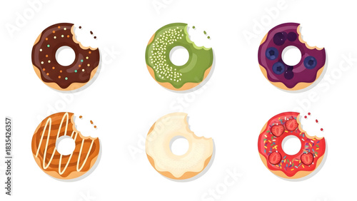 Collection of six delicious and colorful frosted donuts with bite marks on white background