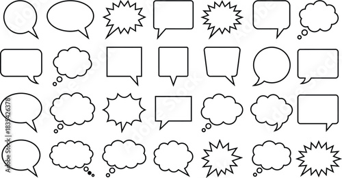 Diverse collection of hand drawn speech bubbles and thought balloons for creative communication and graphic design projects with a clean and minimalist aesthetic