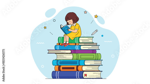 Girl engrossed in reading while sitting atop a stack of books.