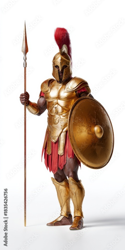 Obraz premium African male spartan warrior with spear and shield in armor
