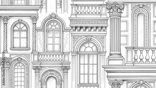 Seamless Pattern of Classical Architectural Elements Sketch perfect for website background, wallpaper, textile design, book covers, packaging, branding, social