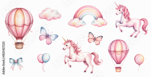 Pastel unicorn dream with floating balloons and soft rainbow skies. Watercolor unicorn moments in a sky of butterflies and clouds.