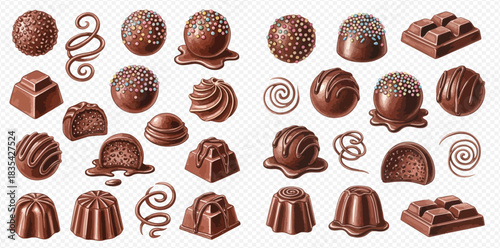Assortment of various delicious chocolate candies, truffles, and bonbons with different shapes and textures.
