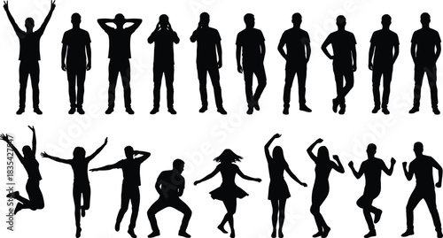 Black Silhouettes of People in Static and Dynamic Poses – Standing, Jumping, Dancing, Gesturing – Motion, Expression, Lifestyle Concept