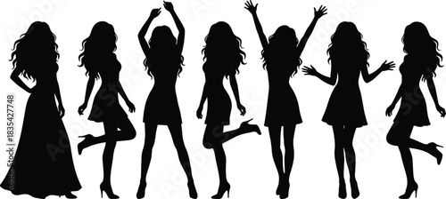 Black Silhouettes of Women in Stylish and Expressive Poses – Fashion Dresses, High Heels, Dynamic Movement – Lifestyle, Character Design