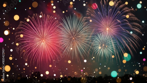 Celebratory fireworks light up the night sky during a festive event