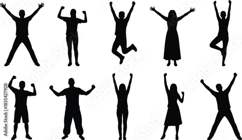 Silhouettes of people in joyful, triumphant poses with raised arms and jumping stances, expressing celebration, success, and positive energy