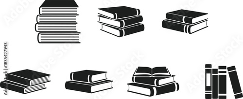 Collection of black and white stacked books icons and illustrations