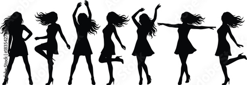 Black Silhouettes of Women Dancing in Elegant Poses – High Heels, Flowing Hair, Graceful Movement – Fashion, Performance, Lifestyle Art