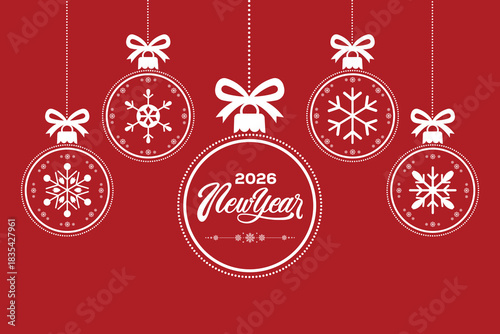 Elegant 2026 New Year greeting card with white snowflake Christmas baubles and ribbon bows hanging on red background, modern festive holiday illustration ideal for seasonal invitations, banners and ad