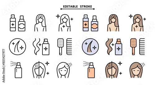 Hair care and treatment color icons set of vector woman beauty salon. Editable stroke. Dry shampoo, conditioner. Woman health hair care symbols. Vector signs for web design isolated on white backgroun
