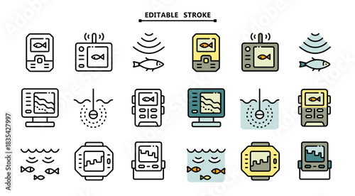 Fish finder icons set. Editable stroke. Depth finder. Fish searching. Digital echo sounder vector signs collection for web design isolated on white. Digital gadget, designed for web and app