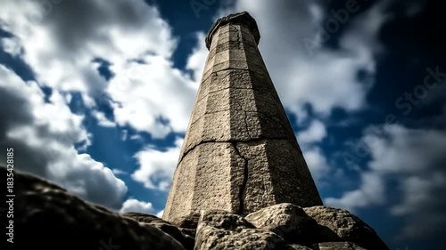 Majestic stone lighthouse standing tall against a dramatic cloudy sky, overlooking a rugged coastal landscape