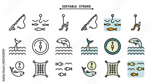Various fishing related icons set. Editable stroke. Fishing Vector Color Icons. Catch seafood symbols. Vector Illustration. Isolated on White Background.