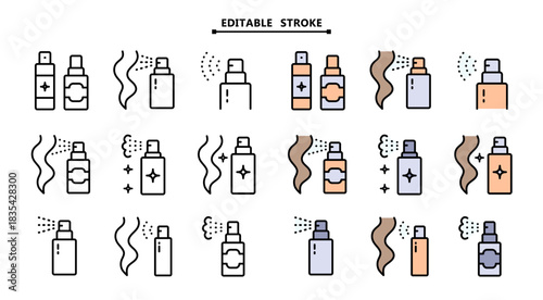 Hair care cosmetics color icons set. Editable stroke. Hair Spray vector sign of woman beauty salon. Dry shampoo, conditioner, hair mask line sign. Woman health haircare symbol. 