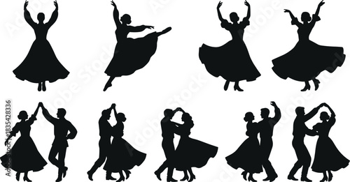 Silhouettes of solo and couple dancers performing ballet, ballroom, and contemporary poses, showcasing elegance, movement, and artistic expression