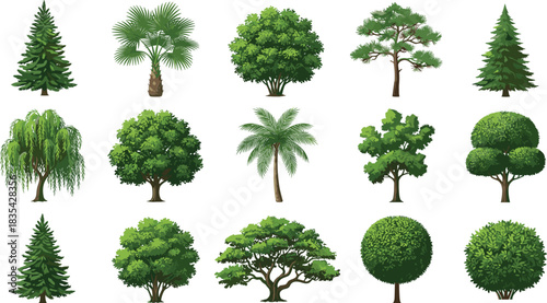 Silhouettes of sixteen diverse trees including pine, palm, and ornamental styles, showcasing botanical variety and landscape design inspiration