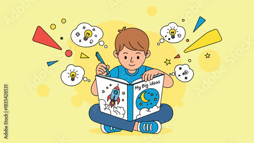 Boy immersed in a book, dreaming of rockets and planets.